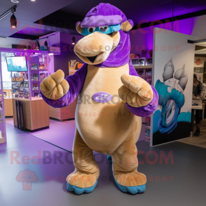 Purple Camel mascot costume character dressed with a Playsuit and Foot pads