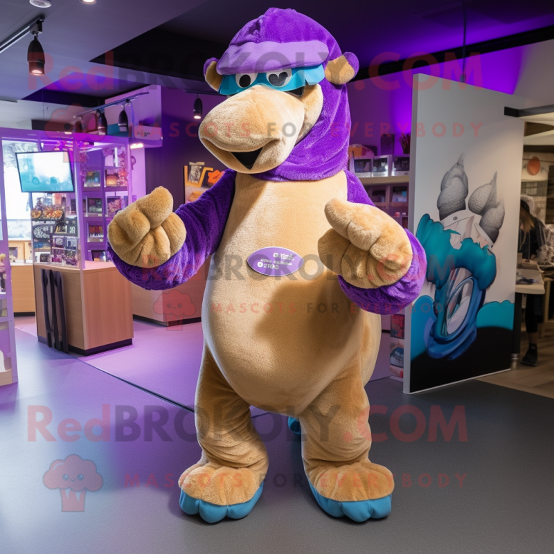 Purple Camel mascot costume character dressed with a Playsuit and Foot pads Purple Camel mascot costume character dressed with a Playsuit and Foot pads