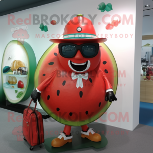 Red Melon mascot costume character dressed with a Poplin Shirt and Handbags