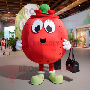 Red Melon mascot costume character dressed with a Poplin Shirt and Handbags