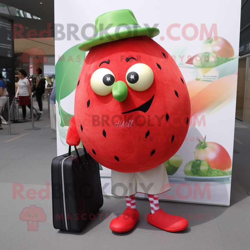 Red Melon mascot costume character dressed with a Poplin Shirt and Handbags