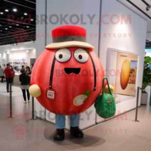 Red Melon mascot costume character dressed with a Poplin Shirt and Handbags