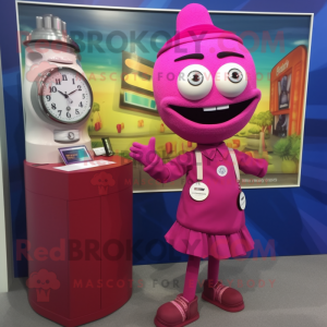 Magenta Wrist Watch mascot costume character dressed with a Pencil Skirt and Lapel pins