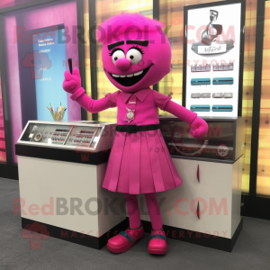Magenta Wrist Watch mascot costume character dressed with a Pencil Skirt and Lapel pins