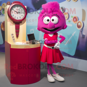 Magenta Wrist Watch mascot costume character dressed with a Pencil Skirt and Lapel pins