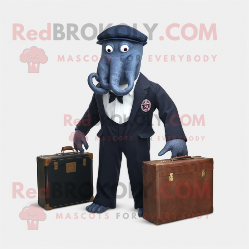 Navy Kraken mascot costume character dressed with a Oxford Shirt and Briefcases