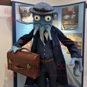 Navy Kraken mascot costume character dressed with a Oxford Shirt and Briefcases