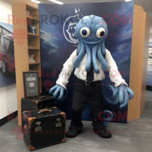 Navy Kraken mascot costume character dressed with a Oxford Shirt and Briefcases