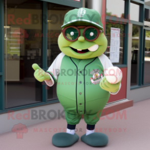 Green Meatballs mascot costume character dressed with a Baseball Tee and Reading glasses