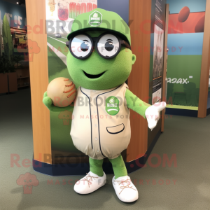 Green Meatballs mascot costume character dressed with a Baseball Tee and Reading glasses