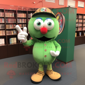 Green Meatballs mascot costume character dressed with a Baseball Tee and Reading glasses