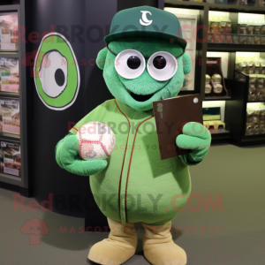 Green Meatballs mascot costume character dressed with a Baseball Tee and Reading glasses