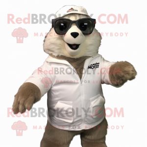 White Marmot mascot costume character dressed with a Parka and Eyeglasses