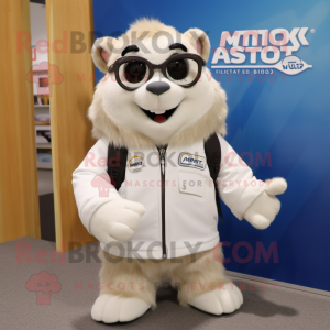 White Marmot mascot costume character dressed with a Parka and Eyeglasses