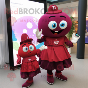 Maroon Plum mascot costume character dressed with a Skirt and Smartwatches