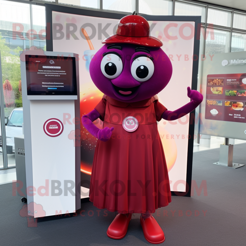 Maroon Plum mascot costume character dressed with a Skirt and Smartwatches