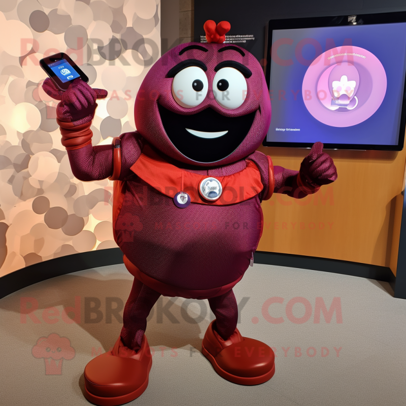 Maroon Plum mascot costume character dressed with a Skirt and Smartwatches