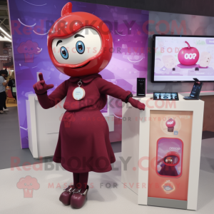 Maroon Plum mascot costume character dressed with a Skirt and Smartwatches
