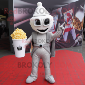 Silver Pop Corn mascot costume character dressed with a Leggings and Clutch bags