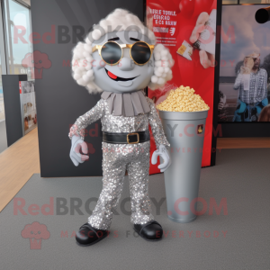 Silver Pop Corn mascot costume character dressed with a Leggings and Clutch bags