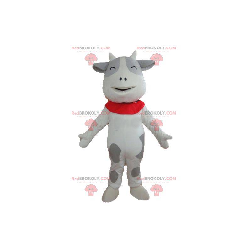 Veselý a dojemný maskot bílé a šedé krávy - Redbrokoly.com