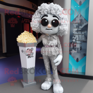 Silver Pop Corn mascot costume character dressed with a Leggings and Clutch bags