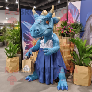 Blue Triceratops mascot costume character dressed with a Maxi Skirt and Tote bags
