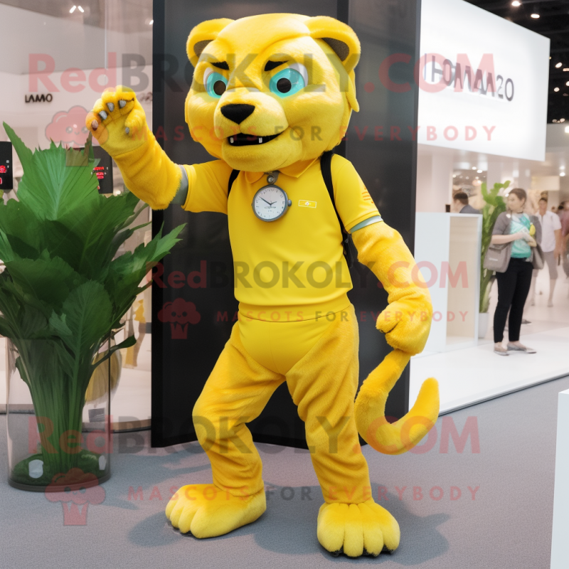 Lemon Yellow Smilodon mascot costume character dressed with a Playsuit and Smartwatches