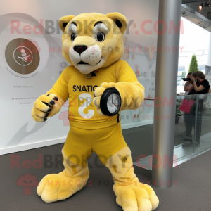 Lemon Yellow Smilodon mascot costume character dressed with a Playsuit and Smartwatches