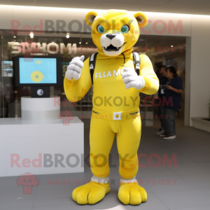 Lemon Yellow Smilodon mascot costume character dressed with a Playsuit and Smartwatches