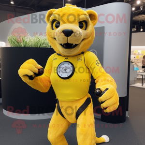 Lemon Yellow Smilodon mascot costume character dressed with a Playsuit and Smartwatches