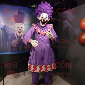 Lavender Evil Clown mascot costume character dressed with a Midi Dress and Lapel pins