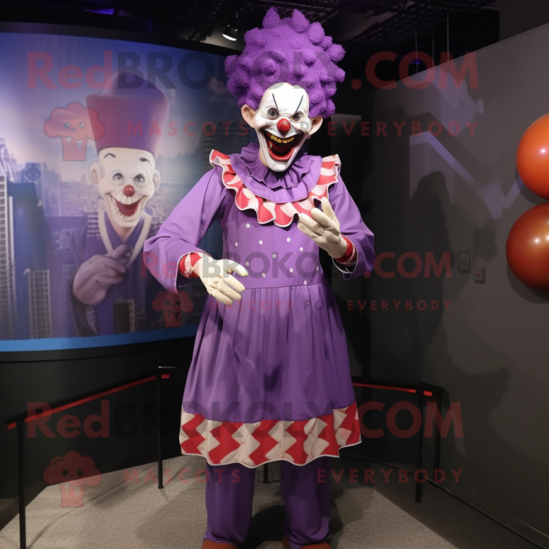 Lavender Evil Clown mascot costume character dressed with a Midi Dress and Lapel pins Lavender Evil Clown mascot costume character dressed with a Midi Dress and Lapel pins