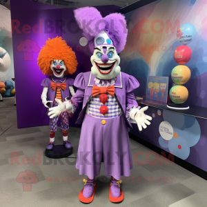 Lavender Evil Clown mascot costume character dressed with a Midi Dress and Lapel pins