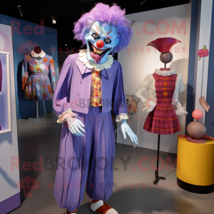 Lavender Evil Clown mascot costume character dressed with a Midi Dress and Lapel pins
