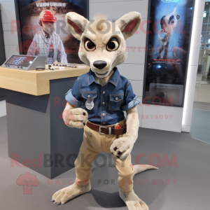 Beige Chupacabra mascot costume character dressed with a Denim Shirt and Bracelet watches