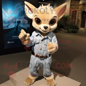 Beige Chupacabra mascot costume character dressed with a Denim Shirt and Bracelet watches