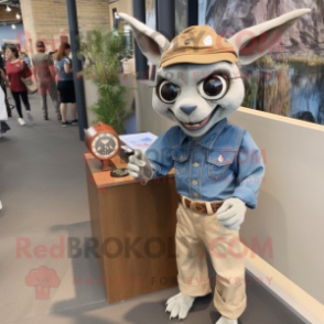 Beige Chupacabra mascot costume character dressed with a Denim Shirt and Bracelet watches