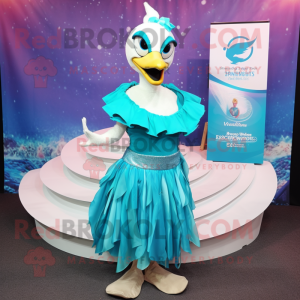 Turquoise Swan mascot costume character dressed with a Wrap Skirt and Rings