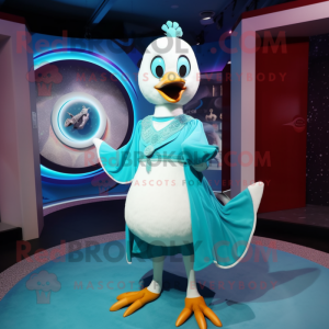 Turquoise Swan mascot costume character dressed with a Wrap Skirt and Rings