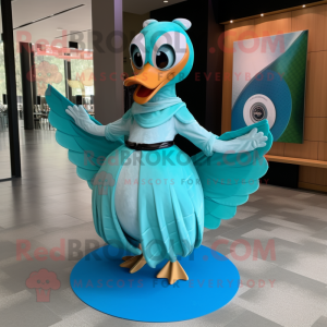 Turquoise Swan mascot costume character dressed with a Wrap Skirt and Rings