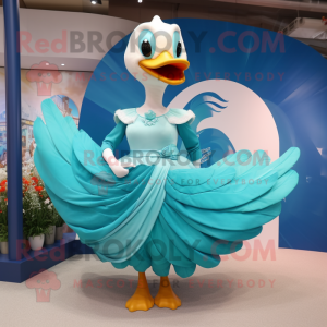 Turquoise Swan mascot costume character dressed with a Wrap Skirt and Rings