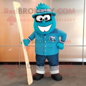 Teal Ice Hockey Stick mascot costume character dressed with a Denim Shirt and Eyeglasses