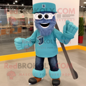 Teal Ice Hockey Stick mascot costume character dressed with a Denim Shirt and Eyeglasses