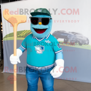 Teal Ice Hockey Stick mascot costume character dressed with a Denim Shirt and Eyeglasses