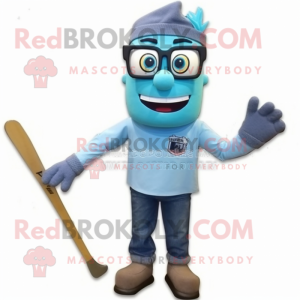 Teal Ice Hockey Stick mascot costume character dressed with a Denim Shirt and Eyeglasses
