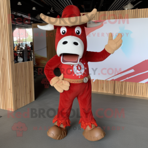 Red Beef Stroganoff mascot costume character dressed with a Corduroy Pants and Bracelets