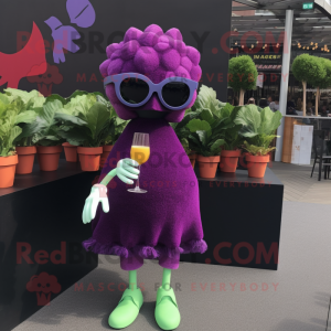 Purple Cauliflower mascot costume character dressed with a Cocktail Dress and Sunglasses