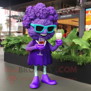 Purple Cauliflower mascot costume character dressed with a Cocktail Dress and Sunglasses