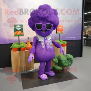 Purple Cauliflower mascot costume character dressed with a Cocktail Dress and Sunglasses